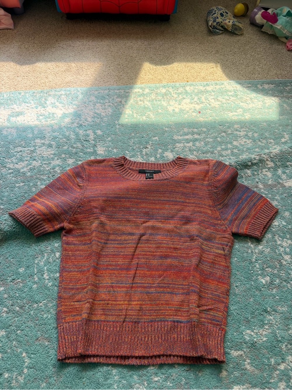 Forever 21 Multicolor Orange-Blue Crewneck Short-Sleeve Sweater